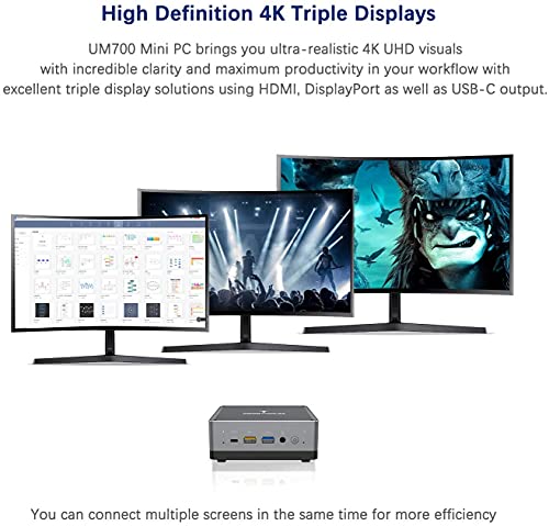 Mini PC UM700 AMD Ryzen 7 3750H | 16 GB RAM 512 GB PCIe SSD | Radeon RX Vega 10 Graphics | Dual WiFi BT 5.1| HDMI 2.0, DisplayPort, USB-C, 2.5" HDD Slot, 2 x RJ45, 4 x USB 3.1| Factor de Forma pequeño