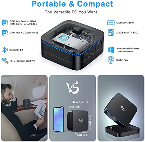 Mini PC Windows 10 Pro, NiPoGi 12GB RAM 128GB ROM Procesador Pentium J4205 Ordenadores de sobremesa, Soporte 4K HD, 2.4G + 5G Dual WiFi, Gigabit Ethernet, Bluetooth 4.2 Micro PC