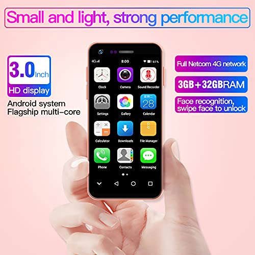 Mini teléfono móvil 4G Smartphone, 3GB + 32GB, Smartphone de 3 Pulgadas Android 6.0 Quad Core, Dual SIM, reconocimiento Facial, GPS, teléfono Desbloqueado de Google Play (Rosa)