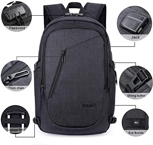 Mochila antirrobo Impermeable, WAWJ Mochila para portátil Multiusos Daypacks con Puerto de Carga USB (Negro)