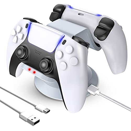 MoKo Cargador Mando PS5 Compatible con Sony Playstation 5 DualSense Controlador Inalámbrico, Estación de Carga Rápida PS5 con USB Cable Tipo-C y LED Indicador para Mando PS5 - Blanco