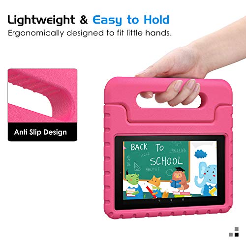 MoKo Funda Compatible con Kindle Fire 7 Tablet (9th Generation - 2019 Release), Ligero y Degado Protector a Prueba de Los Golpes con Asa Portátil para Niña Cover Case - Magenta