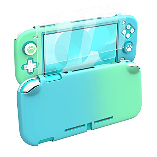 MoKo Funda Compatible con Nintendo Switch Lite, Protectora PC con 4 Tapas de Agarre Pulgar y 2 Protectores Pantalla de Vidrio Templado Transparente HD, Antideslizante, Resistente a Arañazos,Azul+Verde