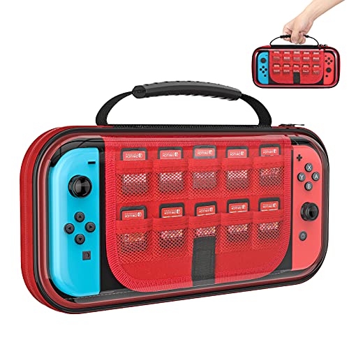 MoKo Funda Compatible con Nintendo Switch/Switch OLED, Funda de Viaje Transparent con 10 Organizador de 16 Tarjetas de Juego, Accesorios de Almacenamiento para Switch Console - Negro y Rojo