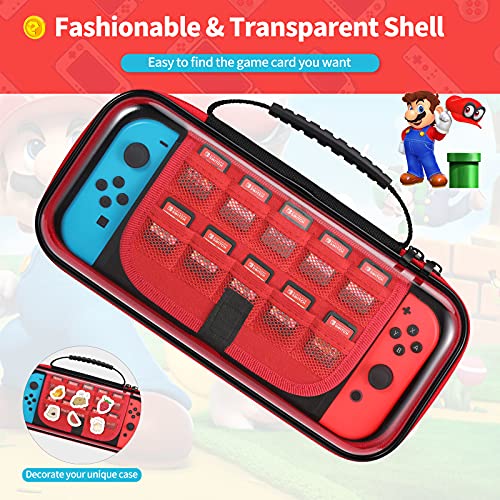 MoKo Funda Compatible con Nintendo Switch/Switch OLED, Funda de Viaje Transparent con 10 Organizador de 16 Tarjetas de Juego, Accesorios de Almacenamiento para Switch Console - Negro y Rojo