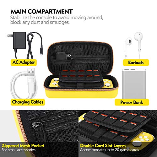 MoKo Funda de Compatible con Nintendo Switch Lite, Estuche Transporte Rígido Portátil de Almacenamiento EVA con Manija, 20 Puertos para Tarjetas de Juego para Nintendo Switch Lite 2019 - Amarillo