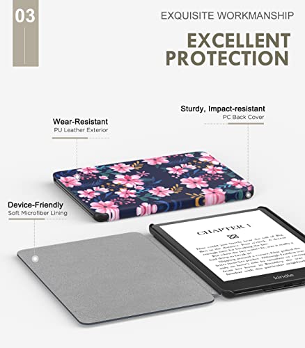 MoKo Funda para Kindle Paperwhite 11ª Generación (Modelo 2021) 6.8" y Kindle Paperwhite Signature Edición, PC Estuche Carcasa Estilo Niños con Auto Sueño/Estela, Azul & Rosa Flora