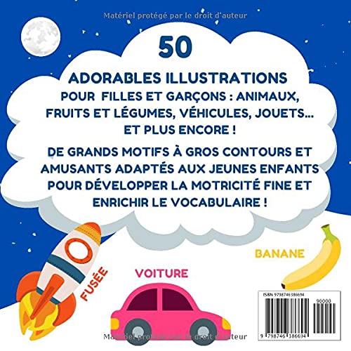 Mon premier livre de coloriage: 12 mois et plus - Cahier de coloriage à bords épais pour bébé : animaux, fruits & légumes, véhicules, objets de la maison, vêtements…