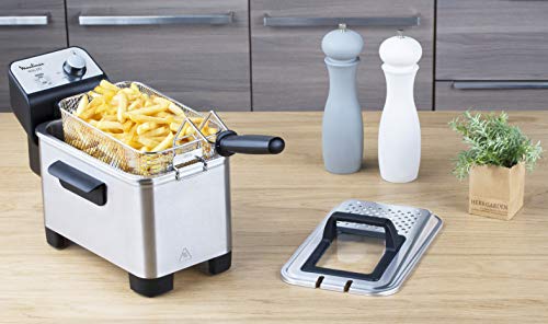 Moulinex Easy Pro AM338070 - Freidora 2300 W de 3 litros con cuba extraíble de acero inoxidable apta para lavavajillas, con 2 niveles de cocción, termostato regulable y ventana transparente