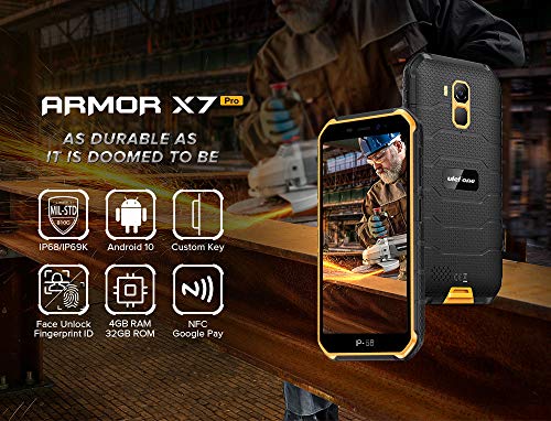 Móvil Resistente (2020), Ulefone Armor X7 Pro Android 10 4G Teléfono Móviles Antigolpes IP68, Batería 4000 mAh, Fotografía Submarina, Quad-Core 4GB+32GB, Dual SIM/GPS/NFC, Desbloqueo Facial Naranja