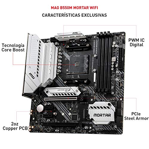 MSI MAG B550M MORTAR WIFI - Placa Base Arsenal Gaming (AMD AM4 DDR4 M.2 USB 3.2 Gen 2 HDMI MICRO ATX), AMD Ryzen 5000 Series processors