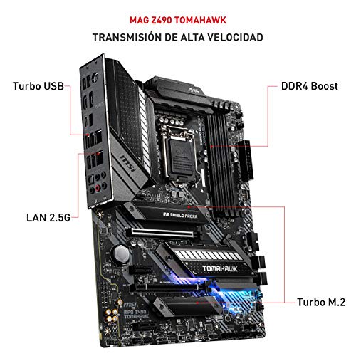 MSI - MAG Z490 Tomahawk - Placa Base Arsenal Gaming (10th Gen Intel Core, LGA 1200 Socket, DDR4, CF, Doble Ranura M.2, USB 3.2 Gen 2x2, Type-C, 2.5G LAN, DP/HDMI, Mystic Light RGB)