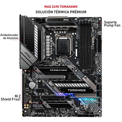 MSI - MAG Z490 Tomahawk - Placa Base Arsenal Gaming (10th Gen Intel Core, LGA 1200 Socket, DDR4, CF, Doble Ranura M.2, USB 3.2 Gen 2x2, Type-C, 2.5G LAN, DP/HDMI, Mystic Light RGB)