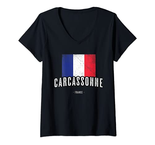 Mujer Ciudad de Carcasona Francia | FR Bandera Top, Drapeau Français - Camiseta Cuello V