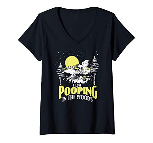 Mujer I Love Pooping in the Woods! Funny Vintage Camping Night Camiseta Cuello V
