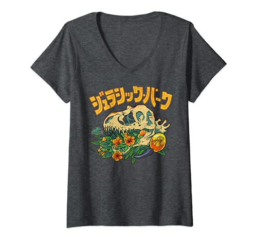Mujer Jurassic Park Kanji T-Rex Skull Floral Still Life Camiseta Cuello V