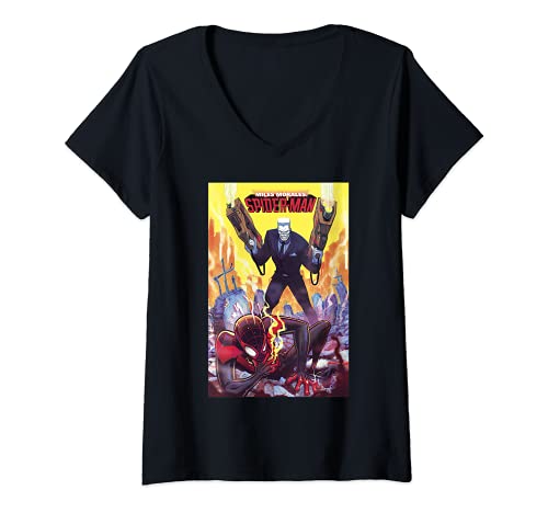 Mujer Marvel Spider-Man Miles Morales & Tombstone Comic Book Cover Camiseta Cuello V