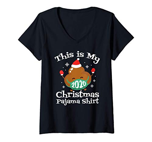 Mujer Navidad 2020 Pijama con mascarilla de caca Navidad a juego Camiseta Cuello V