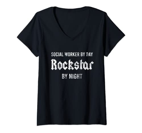Mujer Trabajo divertido del día de Rockstar Músico Trabajo Social Camiseta Cuello V
