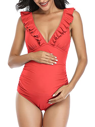 Mujer Trajes de Baño Una Pieza para Premamá Ropa de Playa Embarazada Volantes Rosa Coral XL