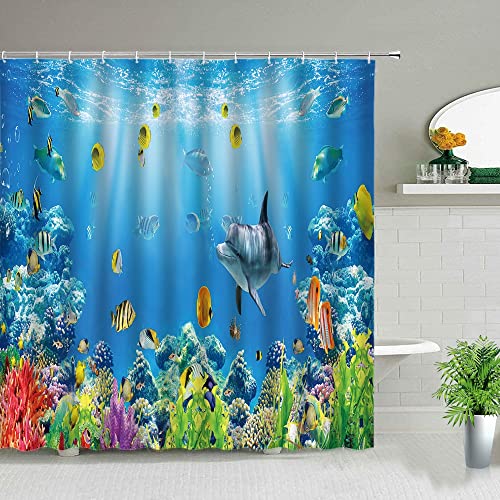 Mundo Submarino delfín Peces Tropicales Coral Cortina de Ducha Sol Palmera Tortuga bañera Cortina Decorativa S.15 150x200cm