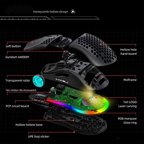 MXMYFZ Malla RGB ratón del Juego, 6-Keys programación de macros, luz LED de 6 Colores, 6400 PPP de Alta precisión Profesional del Juego del ratón