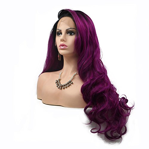 Natural Hairline Black Roots To Violet Purple Synthetic Lace Front Wigs For Drag Queen Long Wave Hair Women Female Cosplay Festival Wigs 24"