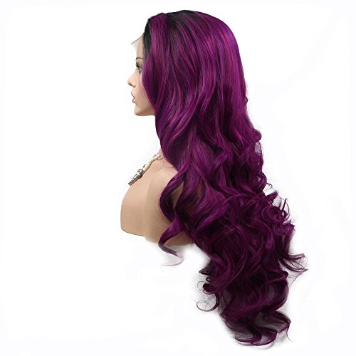 Natural Hairline Black Roots To Violet Purple Synthetic Lace Front Wigs For Drag Queen Long Wave Hair Women Female Cosplay Festival Wigs 24"