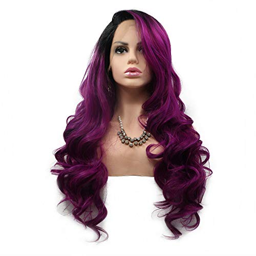 Natural Hairline Black Roots To Violet Purple Synthetic Lace Front Wigs For Drag Queen Long Wave Hair Women Female Cosplay Festival Wigs 24"
