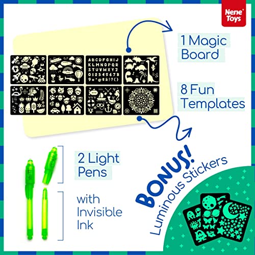 Nene Toys Pizarra Mágica con Luz - Tablero para Dibujar en la Oscuridad – Juguete Infantil Educativo para Niños de 3 a 12 años - Incluye 2 Bolígrafos Mágicos, Plantillas & Stickers [Mediano 2021]