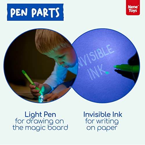 Nene Toys Pizarra Mágica con Luz - Tablero para Dibujar en la Oscuridad – Juguete Infantil Educativo para Niños de 3 a 12 años - Incluye 2 Bolígrafos Mágicos, Plantillas & Stickers [Mediano 2021]
