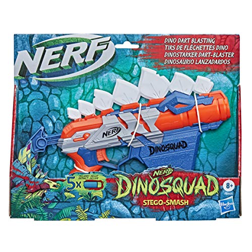Nerf Lanzador de Dardos DinoSquad Stegosmash, Porta-Dardos para 4 Dardos, 5 Dardos Oficiales, diseño de Dinosaurio, Puntas de Pico de Estegosaurio