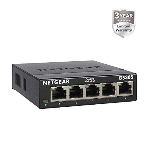 NETGEAR Switch 5 puertos Gigabit Unmanaged GS305, Switch Ethernet doméstico, switch de oficina, plug-and-play, carcasa metálica, montaje sobremesa/pared