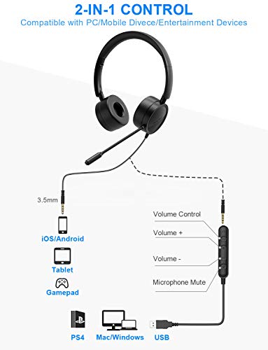 New Bee Auriculares con Microfono pc USB / 3.5mm Auriculares Call Center Peso Ligero Micrófono con Cancelación de Ruido para PC/Laptop Teléfono móvil Android (Negro)
