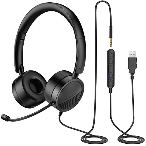 New Bee Auriculares con Microfono pc USB / 3.5mm Auriculares Call Center Peso Ligero Micrófono con Cancelación de Ruido para PC/Laptop Teléfono móvil Android (Negro)