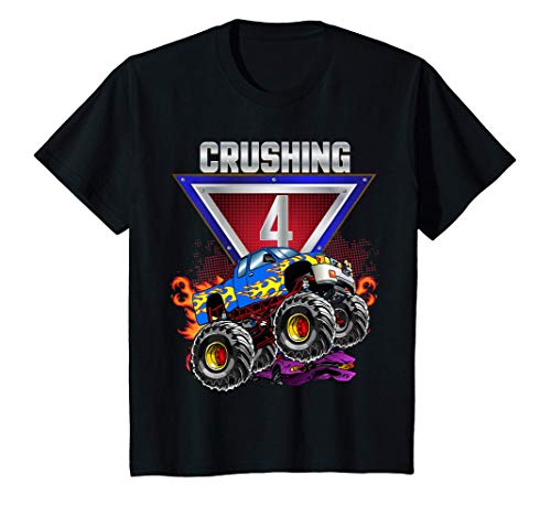 Niños Boys 4th Birthday Monster Truck Birthday CRUSH 4 Years old Camiseta