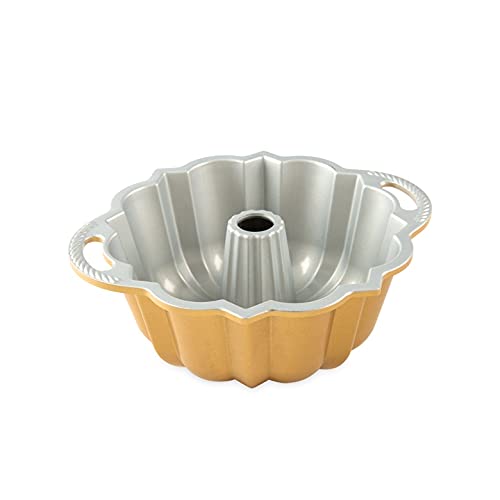 Nordic Ware Molde de 6 tazas Bundt de aluminio fundido original Bundt Tin Bundt Tin con patrón geométrico, molde para tartas fabricado en Estados Unidos, color: oro 51277
