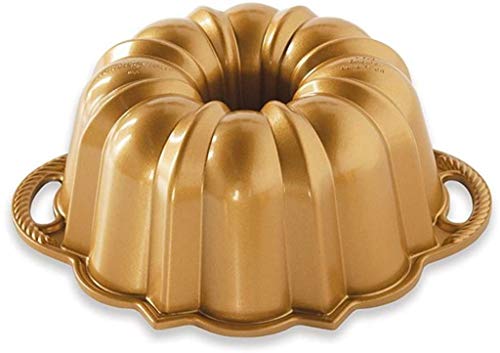 Nordic Ware Molde de 6 tazas Bundt de aluminio fundido original Bundt Tin Bundt Tin con patrón geométrico, molde para tartas fabricado en Estados Unidos, color: oro 51277