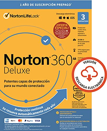 Norton 360 2022 | Deluxe | 3 Dispositivo | 1 Usuario | 12 Meses | PC/Mac | Código de activación enviado por email