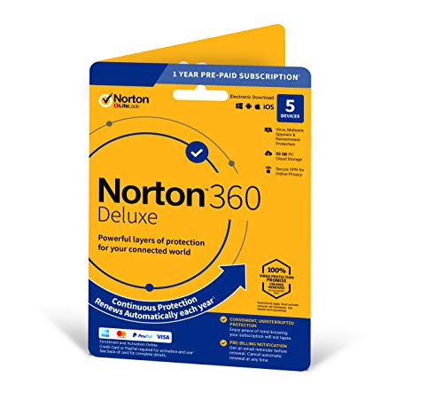 Norton 360 Deluxe 2020 | 5 Devices | 1 Year | Includes Secure VPN and Password Manager | PCs, Mac, smartphones and tablets | Activation Code by Post