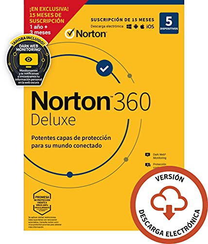 Norton 360 Deluxe 2022 - 5 Dispositivos, 15 Meses, para PC, Mac, tableta o smartphone, Código de activación enviado por email