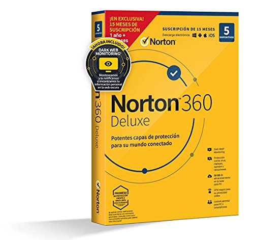 Norton 360 Deluxe 2022 - Antivirus software para 5 Dispositivos, 15 Meses, para PC, Mac, tableta o smartphone