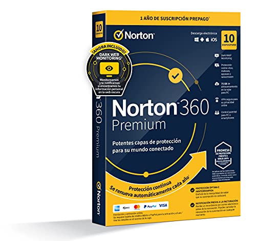 Norton 360 Premium 2022 - Antivirus software para 10 Dispositivos y 1 año de suscripción con renovación automática, Secure VPN y Gestor de contraseñas, para PC, Mac tableta y smartphone