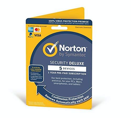 Norton Security Deluxe 2019 | 5 Devices | 1 Year | Antivirus Included | PC/Mac/iOS/Android | Activation Code by Post