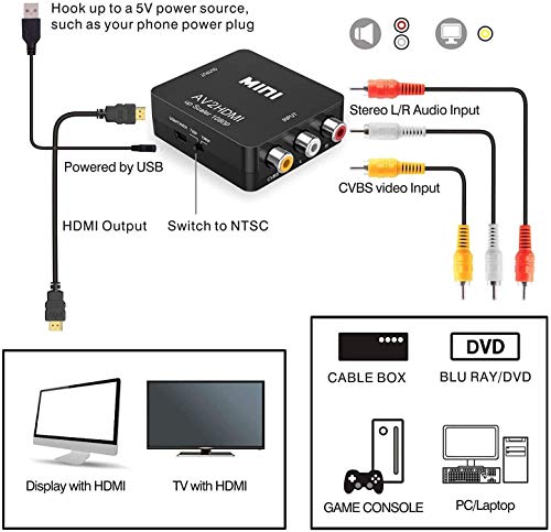NUOE Convertidor de vídeo RCA a HDMI, AV a HDMI, soporte 720 1080P para cámaras de vídeo, Xbox 360, PS1, PS2, WII, N64, Gamecube, Snes, NES, PSP, reproductor de DVD, VHS (1)