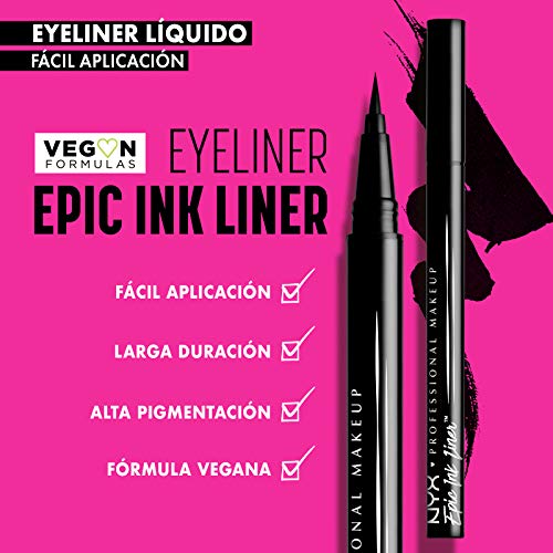 NYX PROFESSIONAL MAKEUP Delineador De Ojos Epic Ink Liner, Punta De Pincel, Resistente Al Agua, Fórmula Vegana, Negro