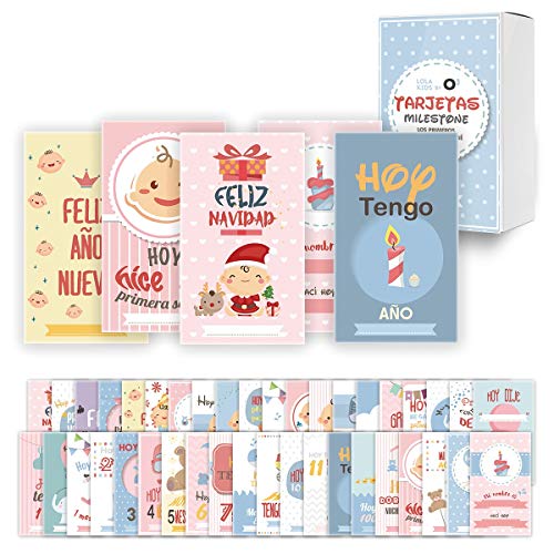 O³ Milestone Baby Cards Lola Kids – 40 Cartas En Español Para Primer Año De Bebé Con Caja De Regalo - Diseño Único | Tarjetas De Recuerdo - Tarjetas Milestone - Regalos Recien Nacidos - Babyshower