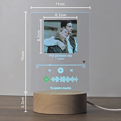 Oh! My Neon Spotify Lampara Personalizada con Base luz led-Tu Foto Tu Texto-Luz Led Multicolor-15cmx11cm-Regalo para Novios Parejas Amor música (Base Madera)