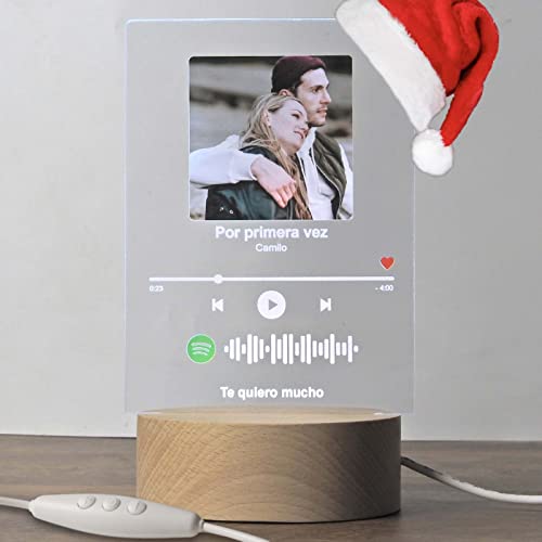 Oh! My Neon Spotify Lampara Personalizada con Base luz led-Tu Foto Tu Texto-Luz Led Multicolor-15cmx11cm-Regalo para Novios Parejas Amor música (Base Madera)