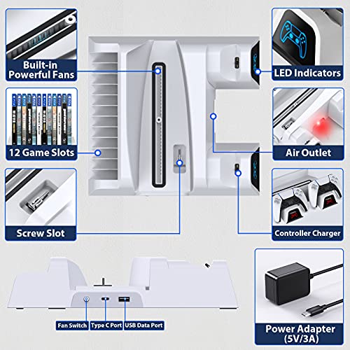 OIVO Soporte PS5 con Ventilador de Refrigeración y Cargador EU-Adaptador para Playstation 5 Console, Soporte Vertical PS5 con Cargador Mando PS5 y Ranuras de 12 Juegos para Sony Playstation 5